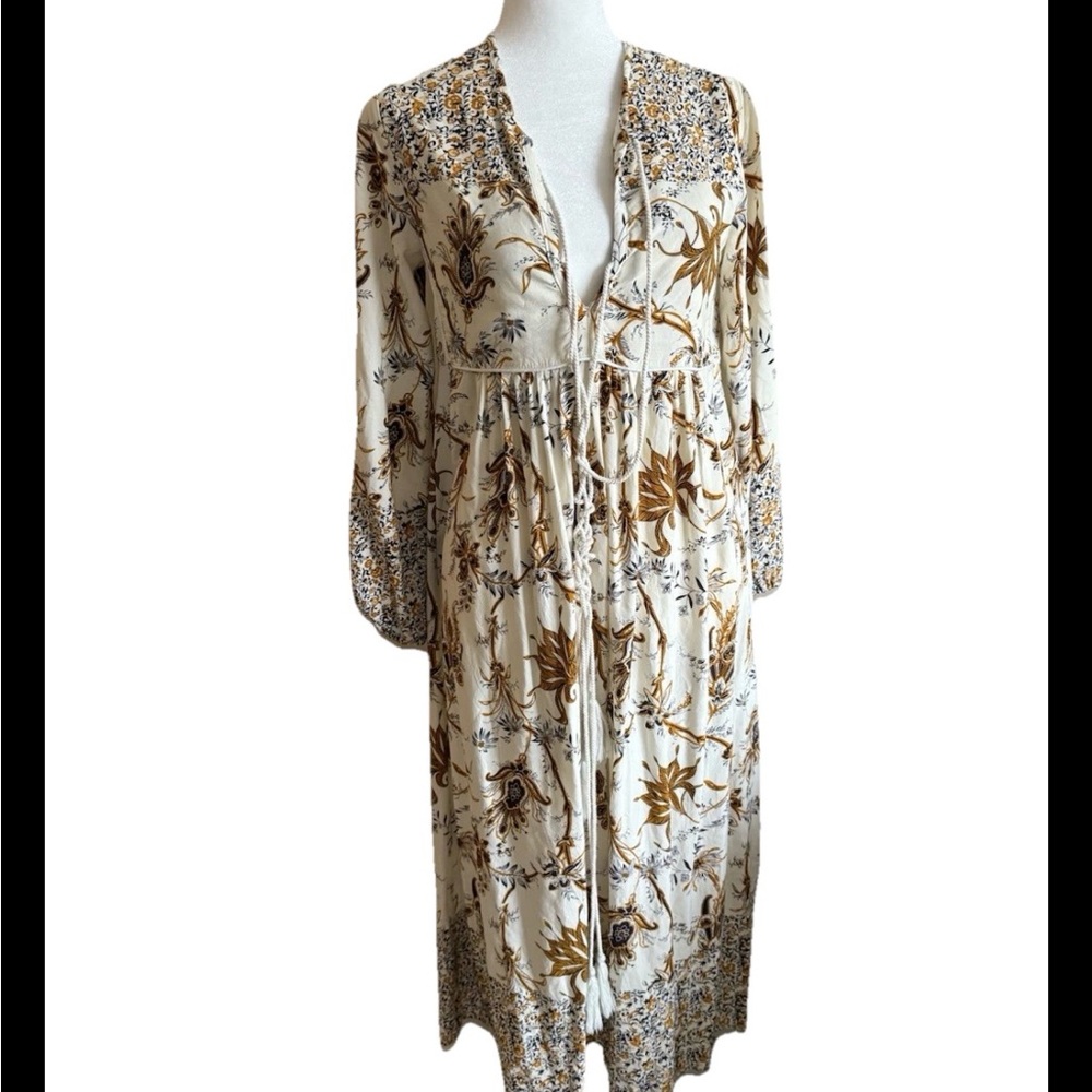 Boho floral midi dress cream/ mustard long sleeve sz sm fairy - Picture 2 of 6